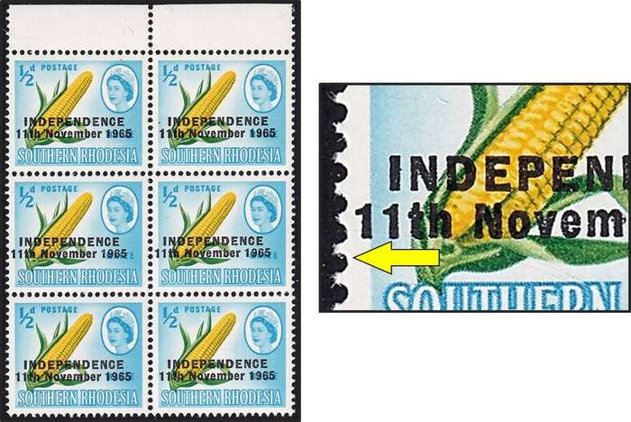 1965 Rhodesia UMM(**) Block with Large Overprint Shift  to the Left