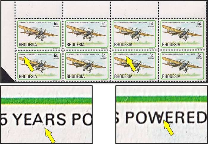 1978 Rhodesia 5c Bleriot X1 UMM(**) Listed B/C Varieties - Broken "A" & Malformed "W"