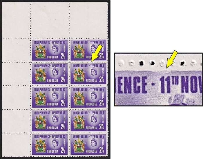 1965 Rhodesia 2/6 Independence UMM(**) Corner Block - Missing Shading in Top Frame