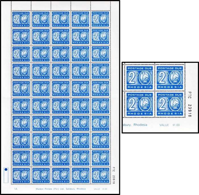 1976 Rhodesia 2c Postage Due Full UMM(**) Sheet, CC.12a(White Gum)  @ CV  R750+