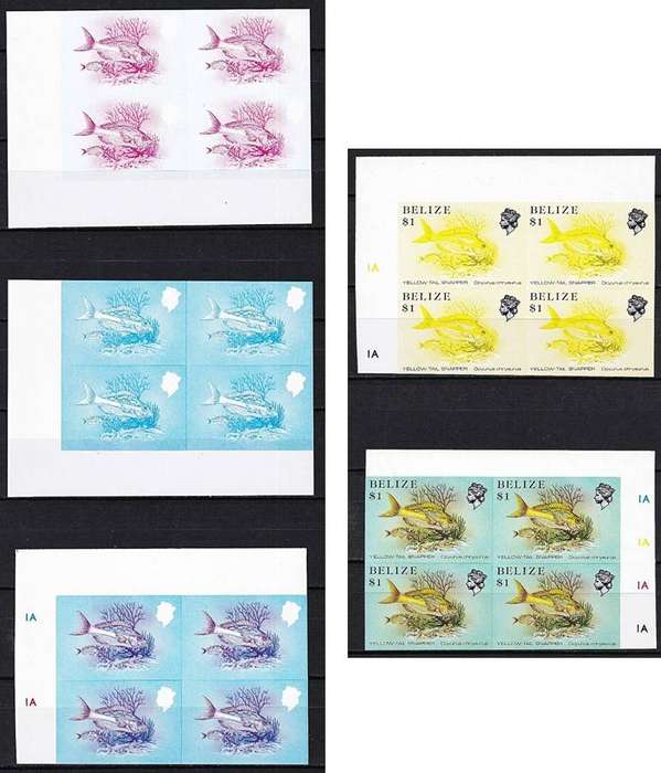1984 Belize $1 Yellowtail Snapper UMM(**) Imperf Colour Trial Corner Blocks - Rare Thematic!