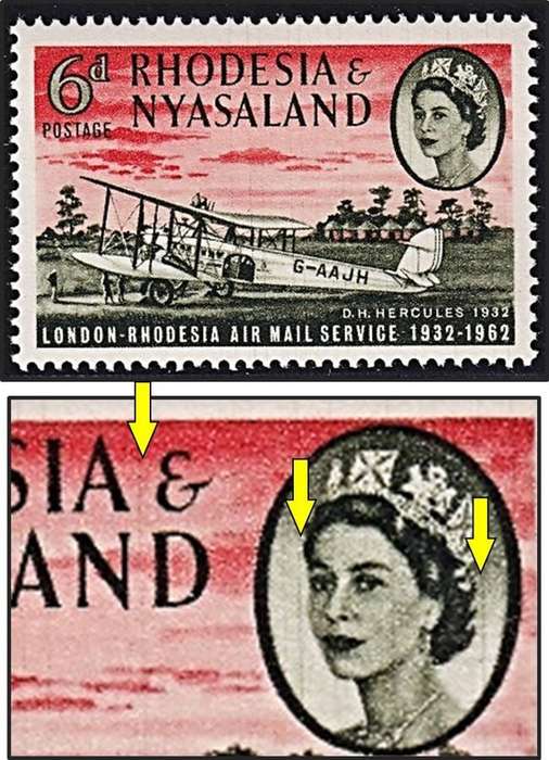 1962 Rhodesia & Nyasaland 6d MM(*) Variety - Prominent Vertical Lines through Oval etc.