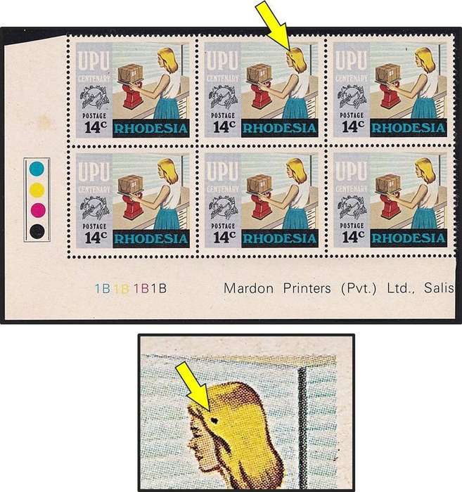 1974 Rhodesia 14c UMM(**) Listed Positional Variety - "Hairclip" Flaw