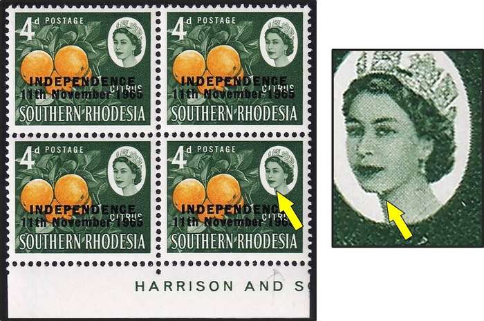 1965 Rhodesia 4d UMM(**) Constant Variety:    "Fuzz" on Queen's Chin