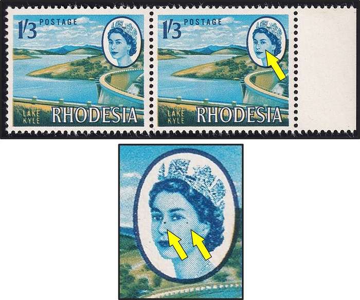 1966 Rhodesia 1/3 UMM(**) Variety - Dark Blue Spots on Queen's Face
