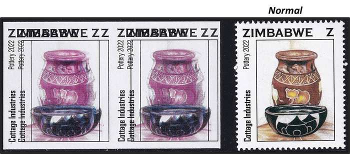 2022 Zimbabwe UMM(**) Z-Value, Pottery Imperf Pair with DOUBLE BLACK Printing - RARE!!!