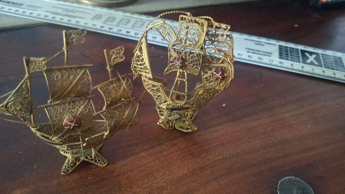 Vintage Miniature Brass Filigree Sailing Ship-Portugal-x2