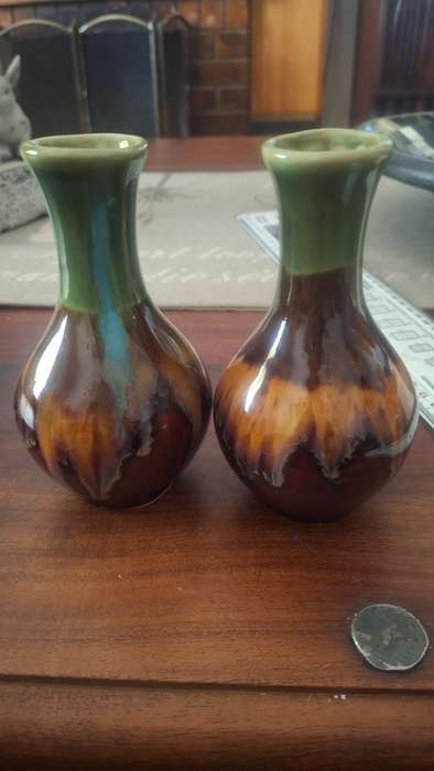 Vintage German Green & Brown Drip Glaze VASES x2