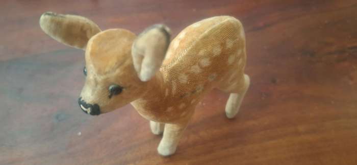 Small soft toy fawn, unmarked, in the style of Steiff circa 1950 with glass eyes, stitched nosei