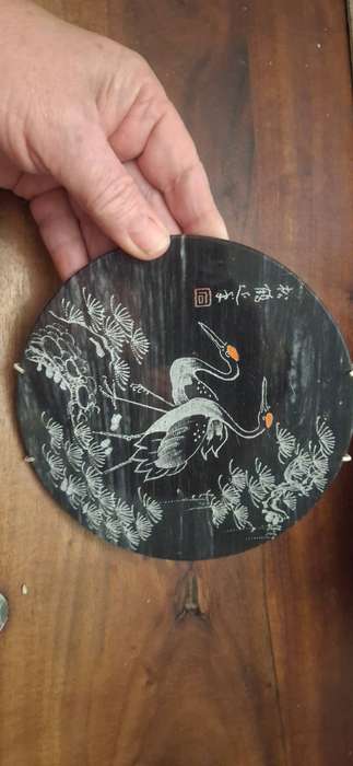 Vintage Chinese Hand Carved Etched FuJian Cranes Painted Scene Round Black Marble