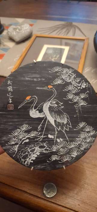Vintage Chinese Hand Carved Etched FuJian Cranes Painted Scene Round Black Marble