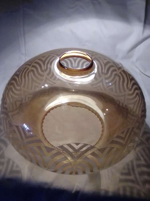 Large Vintage Art Deco Lamp Shade Amber & White Glass and is a chandelier pendant type fixture.