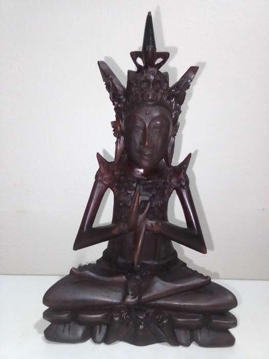 Antique Chinese hand carved wooden Buddha Statue Maitreya sitting on a Lotis flower.