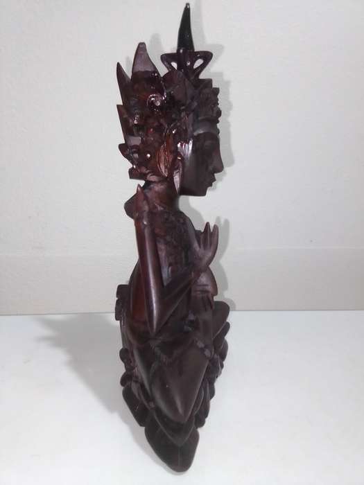 Antique Chinese hand carved wooden Buddha Statue Maitreya sitting on a Lotis flower.