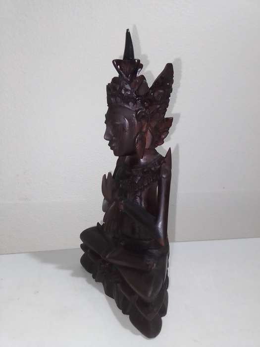 Antique Chinese hand carved wooden Buddha Statue Maitreya sitting on a Lotis flower.