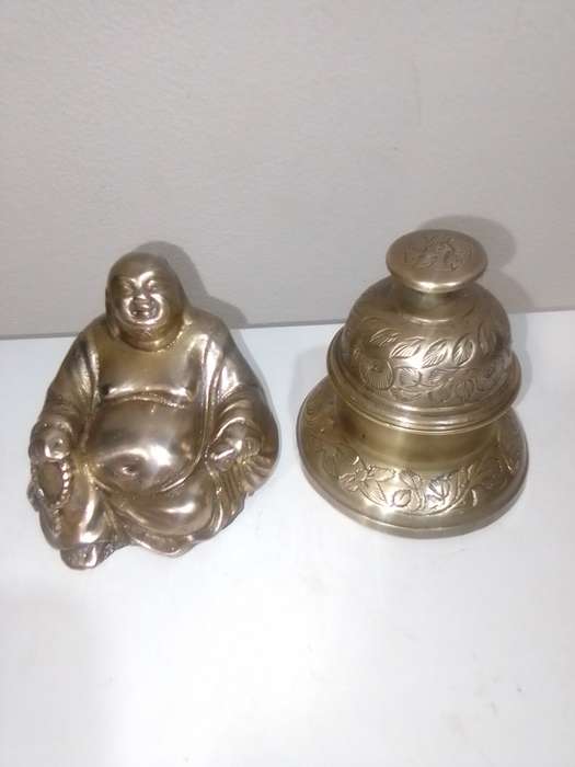 Wow Awesome Brass Laughing Buddha and Engraved Elephant claw Tempel bell Dates from around 1960s