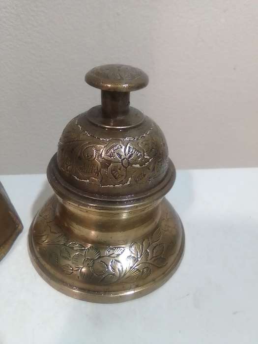 Awesome Chinese Brass Buddha, Budai, and a brass etched Tempel bell with stand holder.