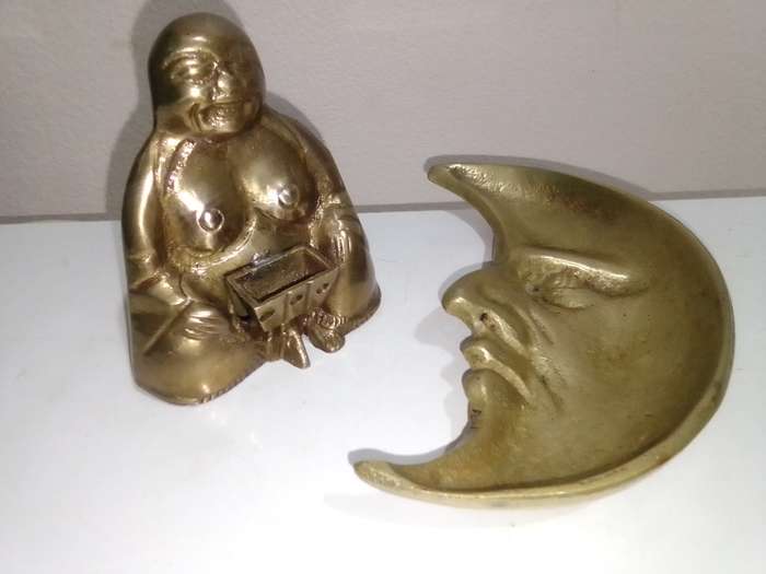 Collectible brass. A large Brass Moon Face pin tray + Rare Brass Budai Incense burner, All original