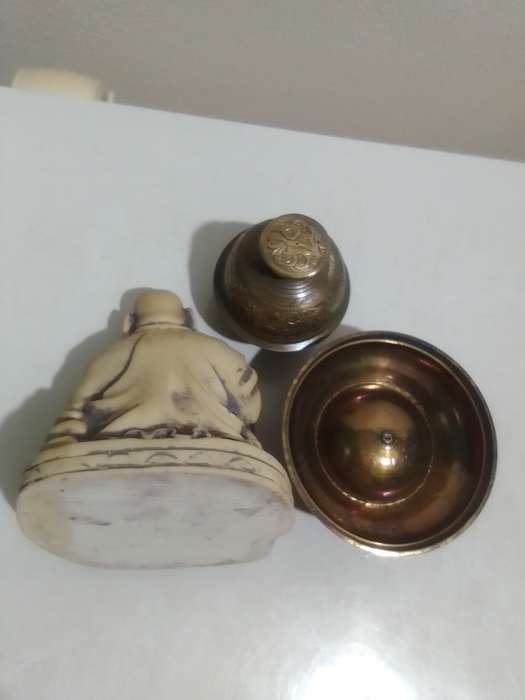 Wow Vintage Chinese Hotei Laughing Buddha Statue and a Buddhist Brass Elephant Claw Bell with Stand