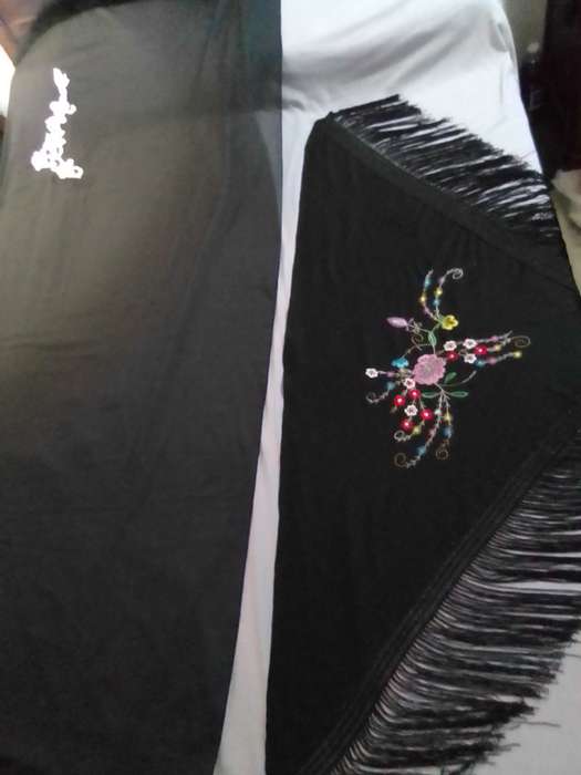 Black Satin large Oblong Shawl or Wrap and a Triangular Black vintage Manton de Manila shawl.