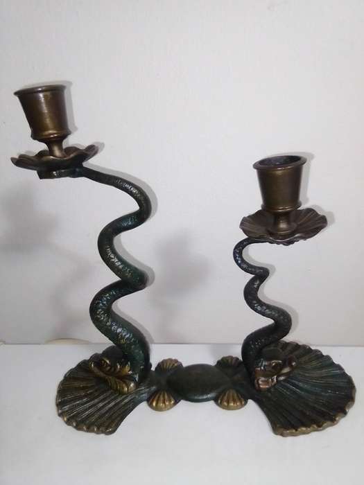 Koi Fish on shell heavy brass double candlestick with green enamel etched shafts. Vintage from 1970s