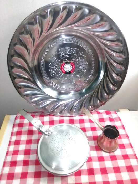 Vintage serving bowl, Aluninium Ash/Chestnut server, Copper with brass handle Milk wormer