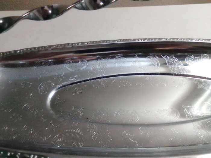 EMESS silver plate Ice bucket with Tong's and drip plate and Elweco Mft handled serving dish.