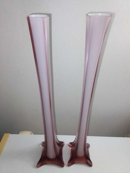 Pair of  Vintage Hand Blown Cased Art Glass Vase' Amethyst with white inner pencil Vases 40cm tall.