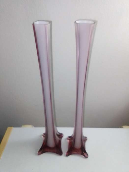 Pair of  Vintage Hand Blown Cased Art Glass Vase' Amethyst with white inner pencil Vases 40cm tall.