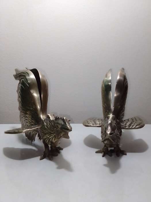 1950's Large Vintage pair of brass fighting roosters. This pair is fierce! Solid heavy cast Brass.