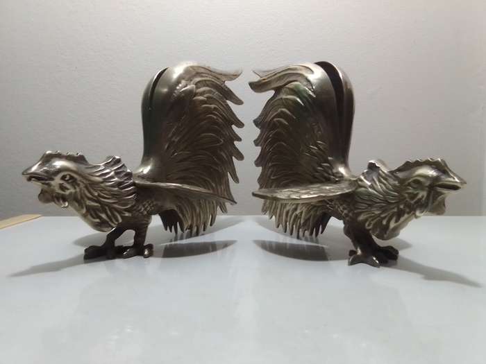 1950's Large Vintage pair of brass fighting roosters. This pair is fierce! Solid heavy cast Brass.
