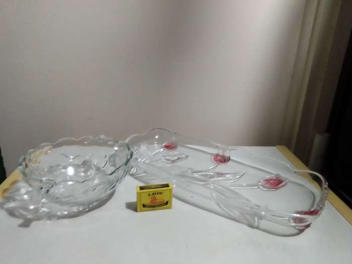 Mikasa Tivoli Rectangle Canape Platter/SERVING TRAY Crystal pink tulips + Indonesian bowl.
