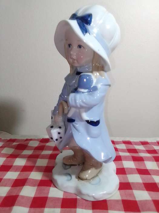 Vintage Girl in Blue Dress Blue Hat with Umbrella/Doll Porcelain Figurine. VINTAGE UNIQUE RARE