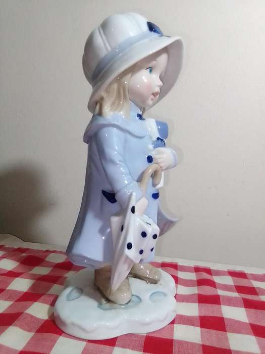 Vintage Girl in Blue Dress Blue Hat with Umbrella/Doll Porcelain Figurine. VINTAGE UNIQUE RARE