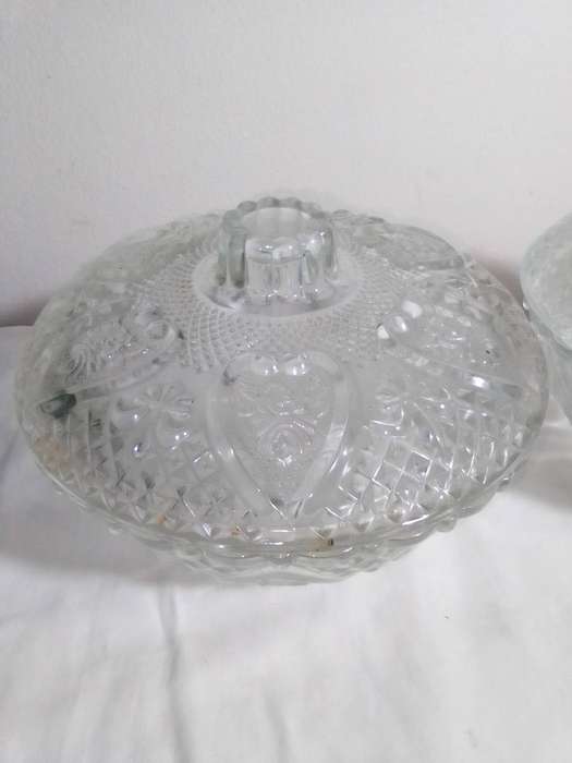Wow! 1970s x 2 vintage Indonesia FNS glass lidded bowls for the condiments on the dressing table.