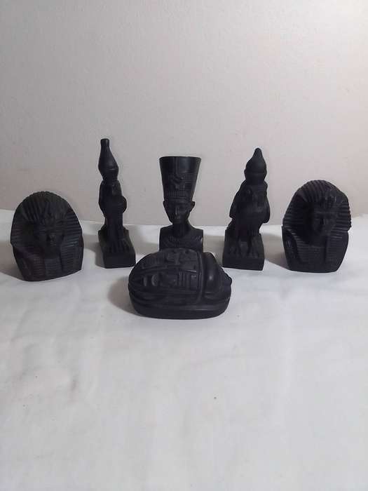 2 x Tutankhamun. Nefertiti busts, a Heart Scarab,2 x Bastet Head & Horus Falcon bird. Basalt Stone.