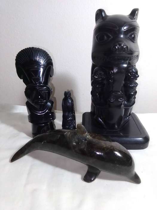 Tiki Idol god. Black Aztec carved statue Mayan stone. A black Onyx Dolfin & large Idol + small Haida