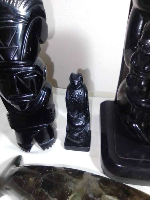 Tiki Idol god. Black Aztec carved statue Mayan stone. A black Onyx Dolfin & large Idol + small Haida