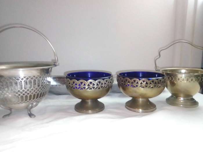 EPNS Silver Plated Pair of Salt Cellars with Cobalt Blue Glass Liner (c1910s). Bread Tray.2x Bonbon