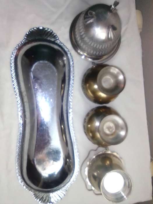EPNS Silver Plated Pair of Salt Cellars with Cobalt Blue Glass Liner (c1910s). Bread Tray.2x Bonbon