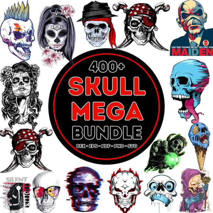 400+ Skull Clipart Pack  Unique Skull Designs with Roses, Snakes, Wings & More