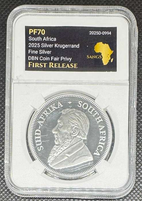 2025 KRUGERRAND PRIVY MINT MARK *DBN*1oz FINE Silver - PF70 1ST RELEASE LABEL GRADED BY SANGS & COA