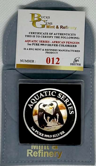 1oz SILVER 999.9 FINE - 2024 AQUATIC SERIES OF SOUTH AFRICA "AFRICAN PENGUIN "- CERTIFIED & MINT BAG