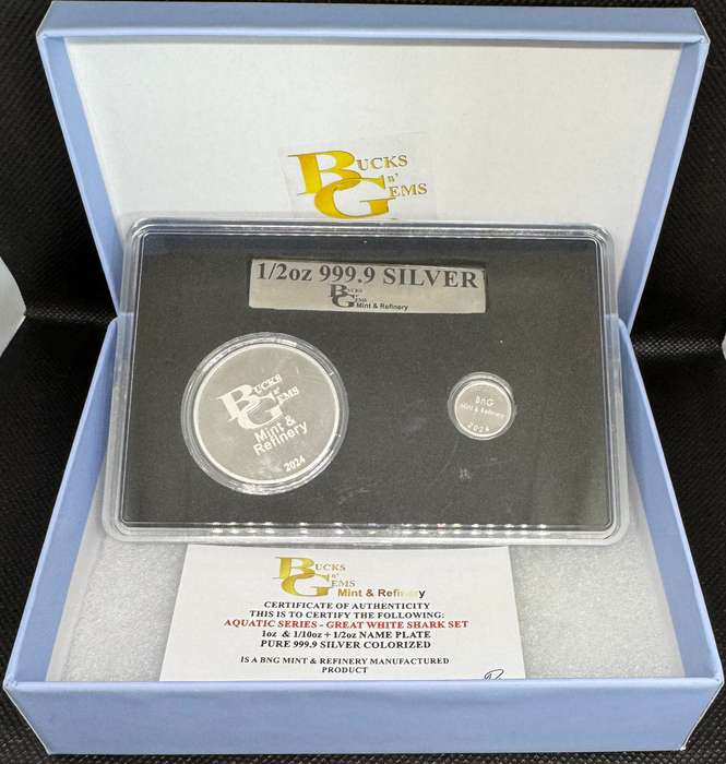 2024 AQUATIC SERIES OF SA TWIN SET *GREAT WHITE SHARK * 1oz+1/2oz+1/10oz SILVER Coa