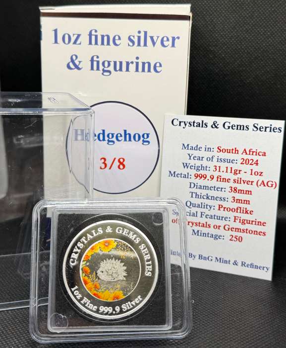 1oz PURE 999.9 SILVER CRYSTALS & GEMS COLORIZED SERIES IN DOME "SWAROVSKI HEDGEHOG" CERTIFIED & BOXE
