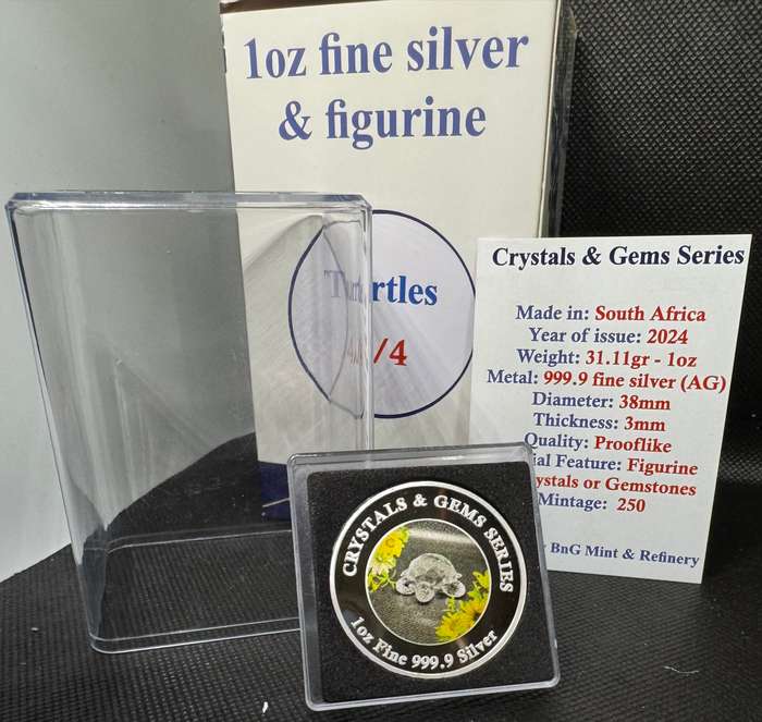 1oz PURE 999.9 SILVER CRYSTALS & GEMS COLORIZED SERIES IN DOME "SWAROVSKI TURTLE " CERTIFIED &