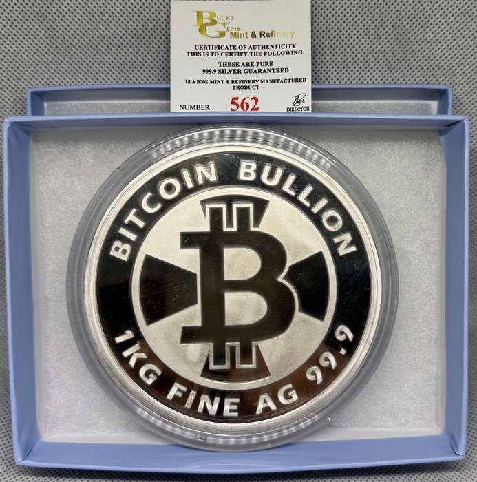 1kg PURE SILVER PROOF MINTED ROUND *BITCOIN* BOX & CERTIFICATE