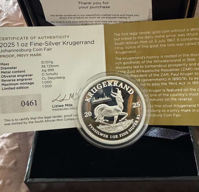 2025 Krugerrand Privy Mint Mark JOHANNESBURG 1oz Fine Silver Proof - Sealed in SAMINT Box & COA