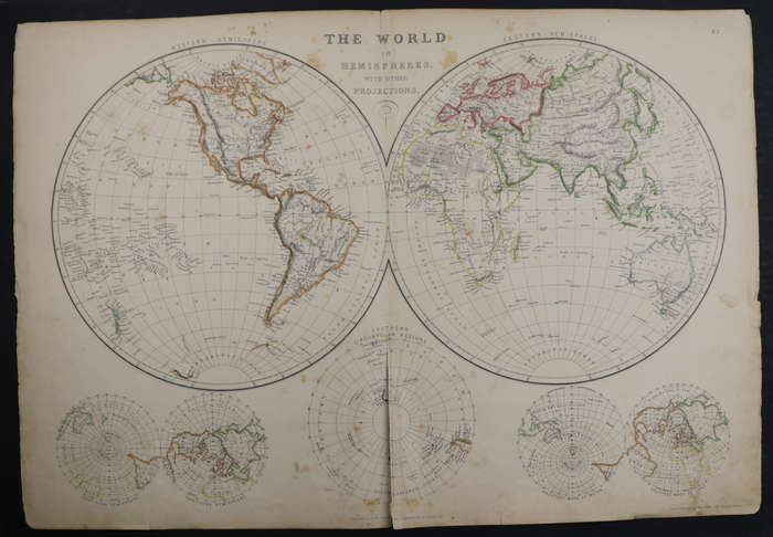 1859 The World In Hemispheres, With Other Projections Map by Edward Weller- Has a tear in the bottom