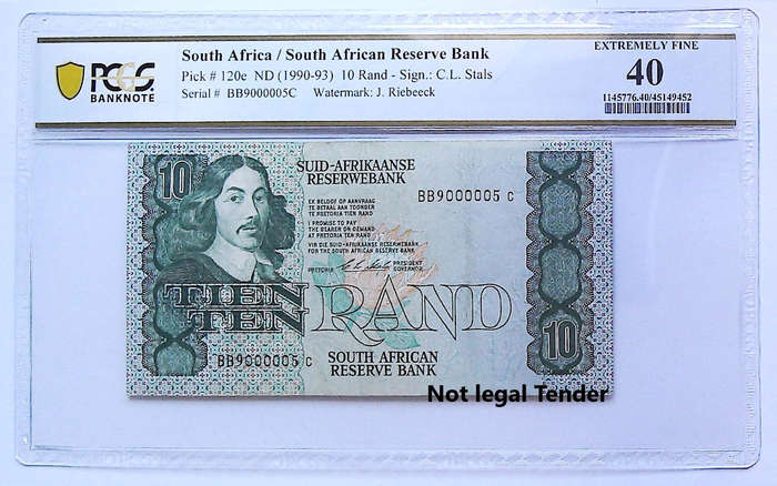 1990 South Africa Type 16 First Issue CL Stals R10 Fancy Serial "9000005" Graded Extremely Fine 40 b